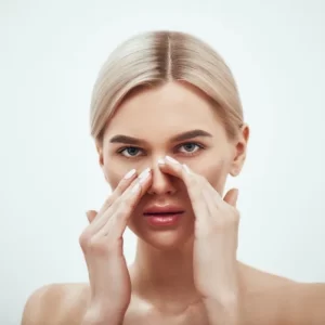 Blonde woman pressing her nose gently, indicating breathing issues and functional nose surgery.